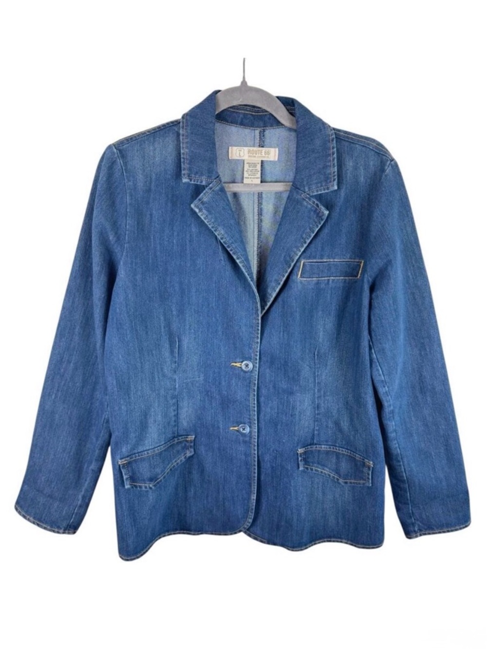 Route 66 Cotton Blend Medium Wash Button Up Collared Jean Jacket Stretch Size L